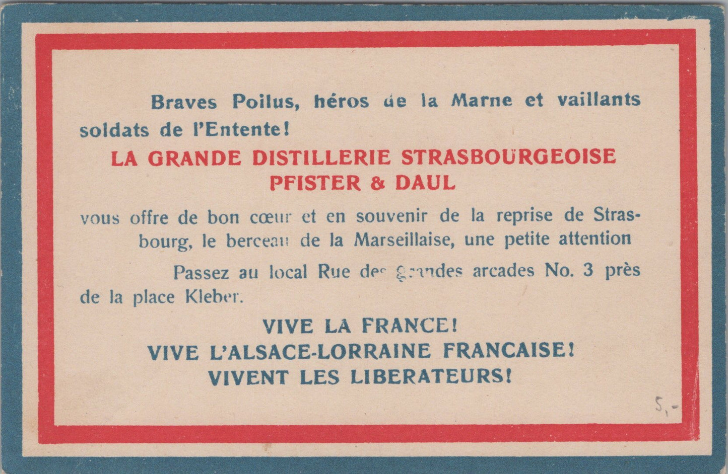 carte de la distillerie Pfister à Strasbourg pour offrir un présent aux poilus 1918