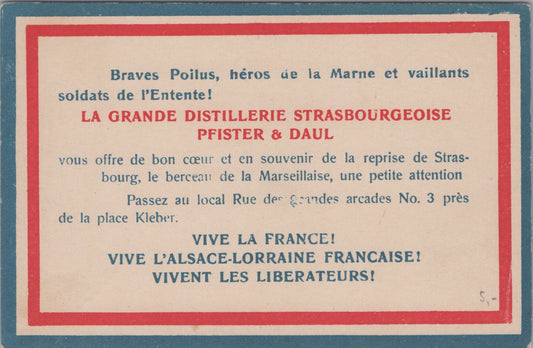 carte de la distillerie Pfister à Strasbourg pour offrir un présent aux poilus 1918
