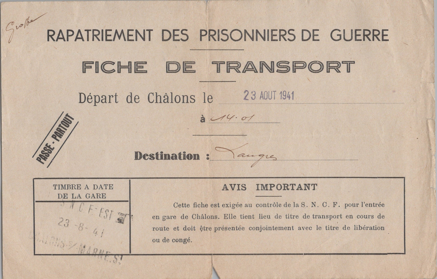 fiche de transport rapatriement des prisonniers de guerre Chalons 1941