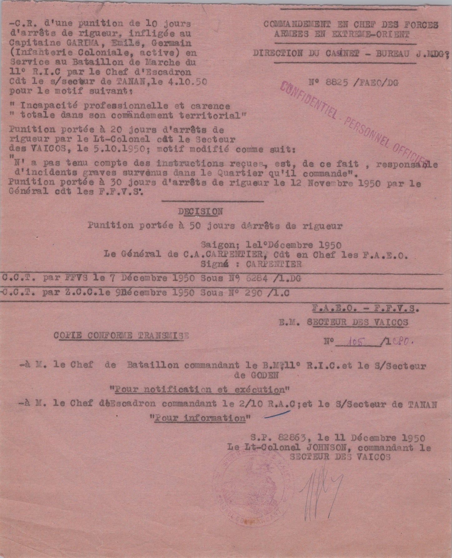 punition pour un capitaine de la coloniale en Indochine 11°RIC 1950