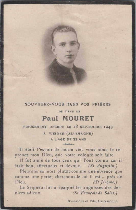 carte avis de décès d'un français mort au STO en Allemagne 1943