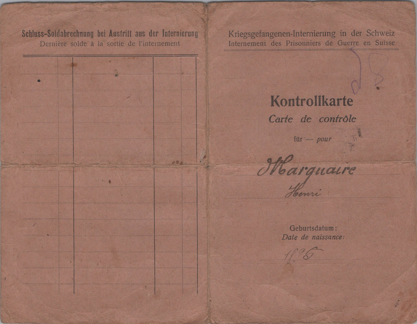 carte de contrôle pour un prisonnier civil Français originaire des Vosges en Suisse 1916