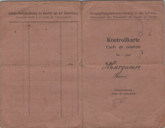carte de contrôle pour un prisonnier civil Français originaire des Vosges en Suisse 1916