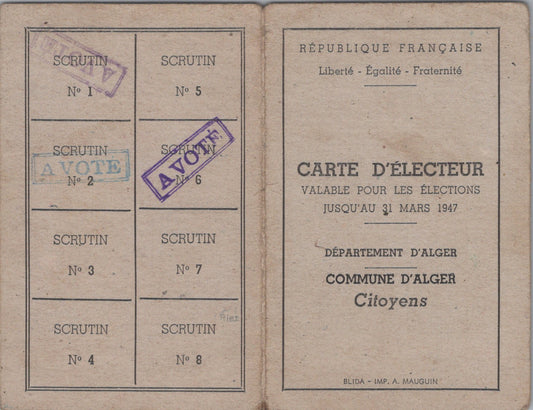 carte d'électeur département d'Alger 1946 pour un gendarme