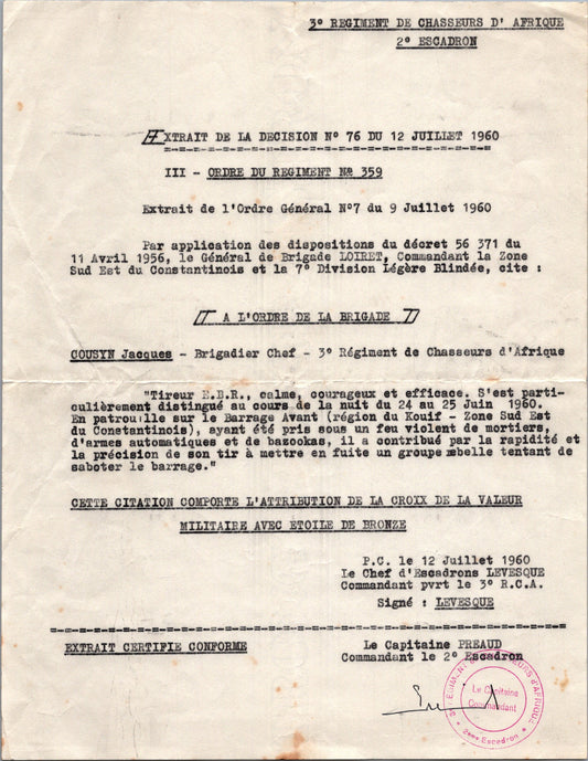 citation ordre de la brigade, croix de la valeur militaire, brigadier chef du 3° chasseurs d'Afrique 1960