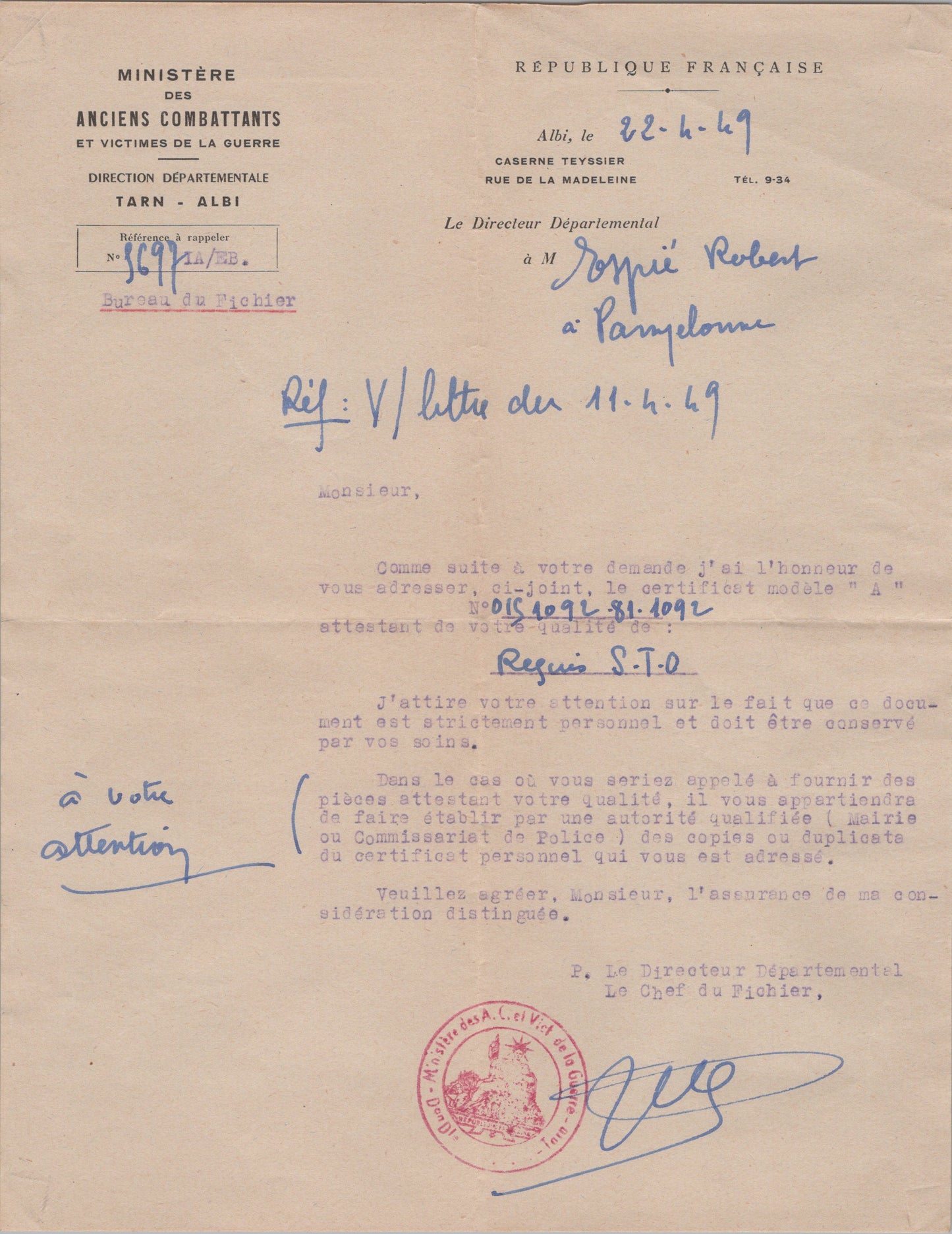 ensemble de courriers et documents pour un requis du STO de Toulouse 1939-45