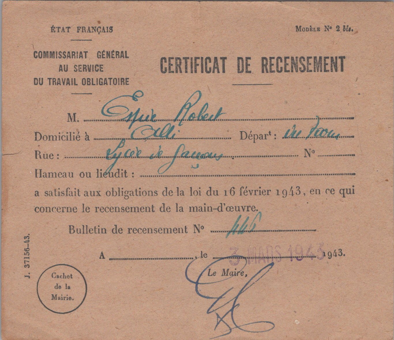 ensemble de courriers et documents pour un requis du STO de Toulouse 1939-45