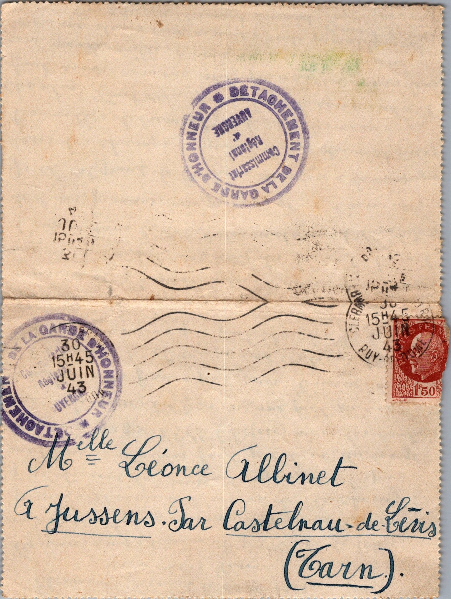 courrier d'un jeune de la garde d'honneur des chantiers de jeunesse, Clermont Ferrand 1943