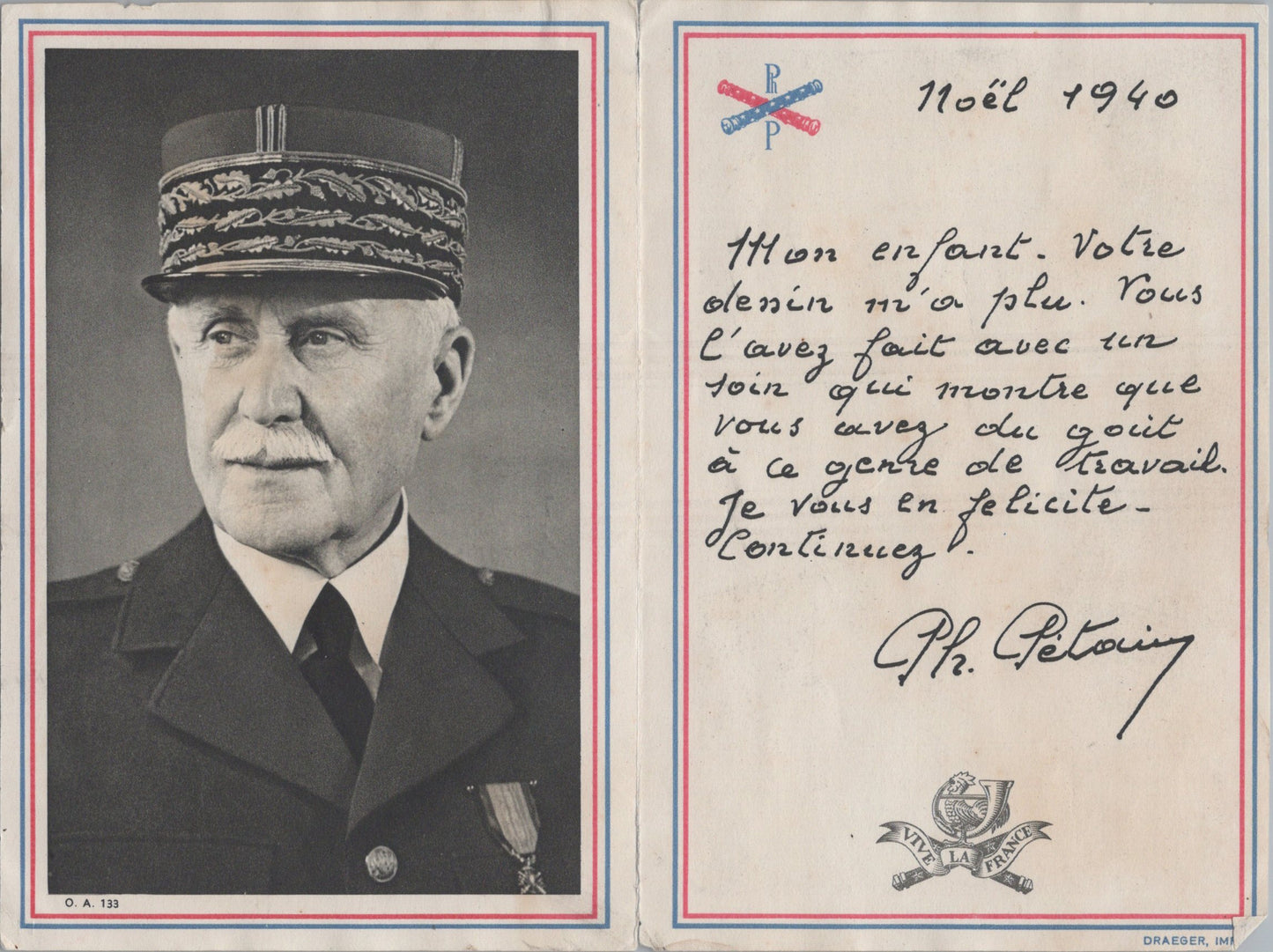 carte envoyée à une enfant par le maréchal Pétain  dessin en 1940