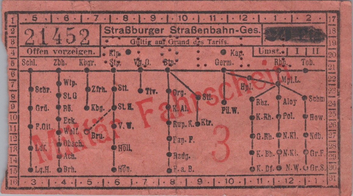 ticket de trajet transport en commun Strasbourg pour les militaires  1939-45