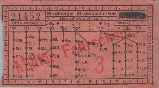 ticket de trajet transport en commun Strasbourg pour les militaires  1939-45