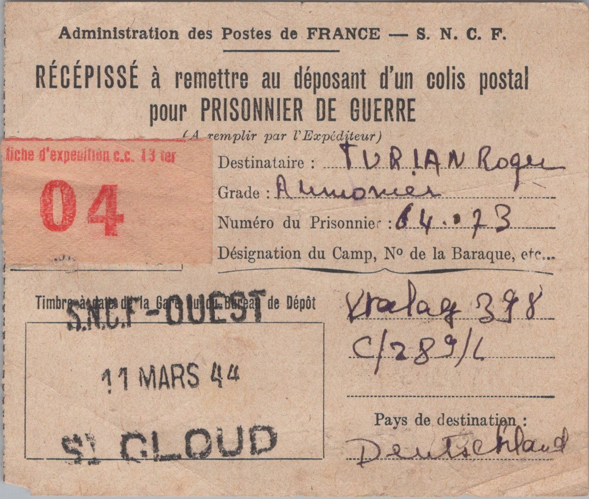 récépissé de colis pour un prisonnier de guerre Français 1944