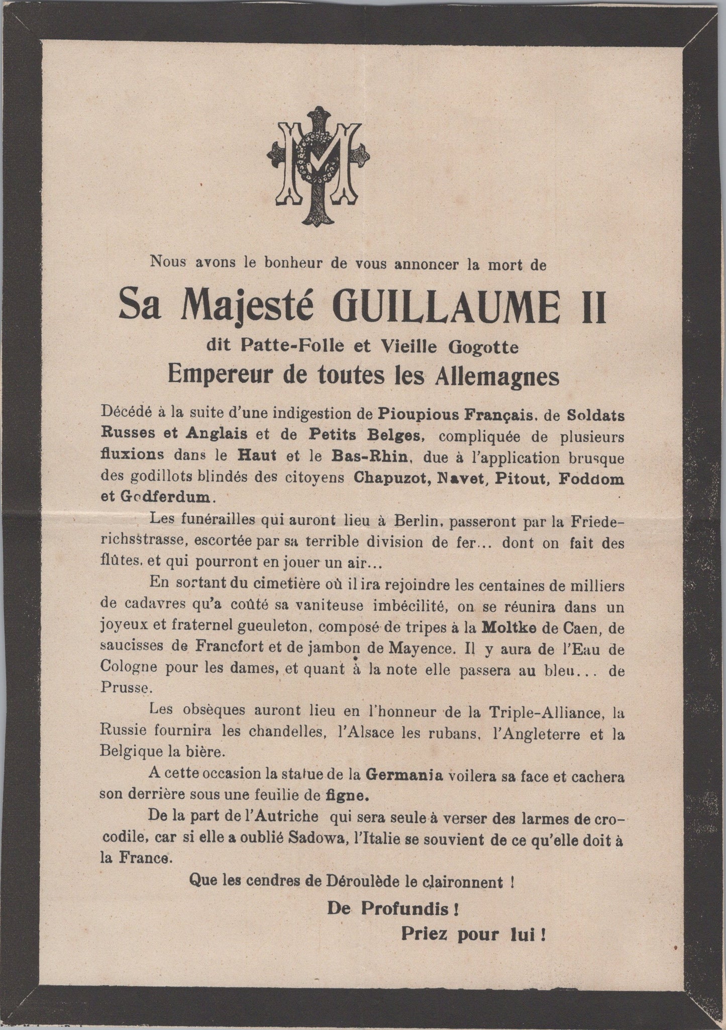 tract caricatural français décès de Guillaume II empereur d'Allemagne 1914-18