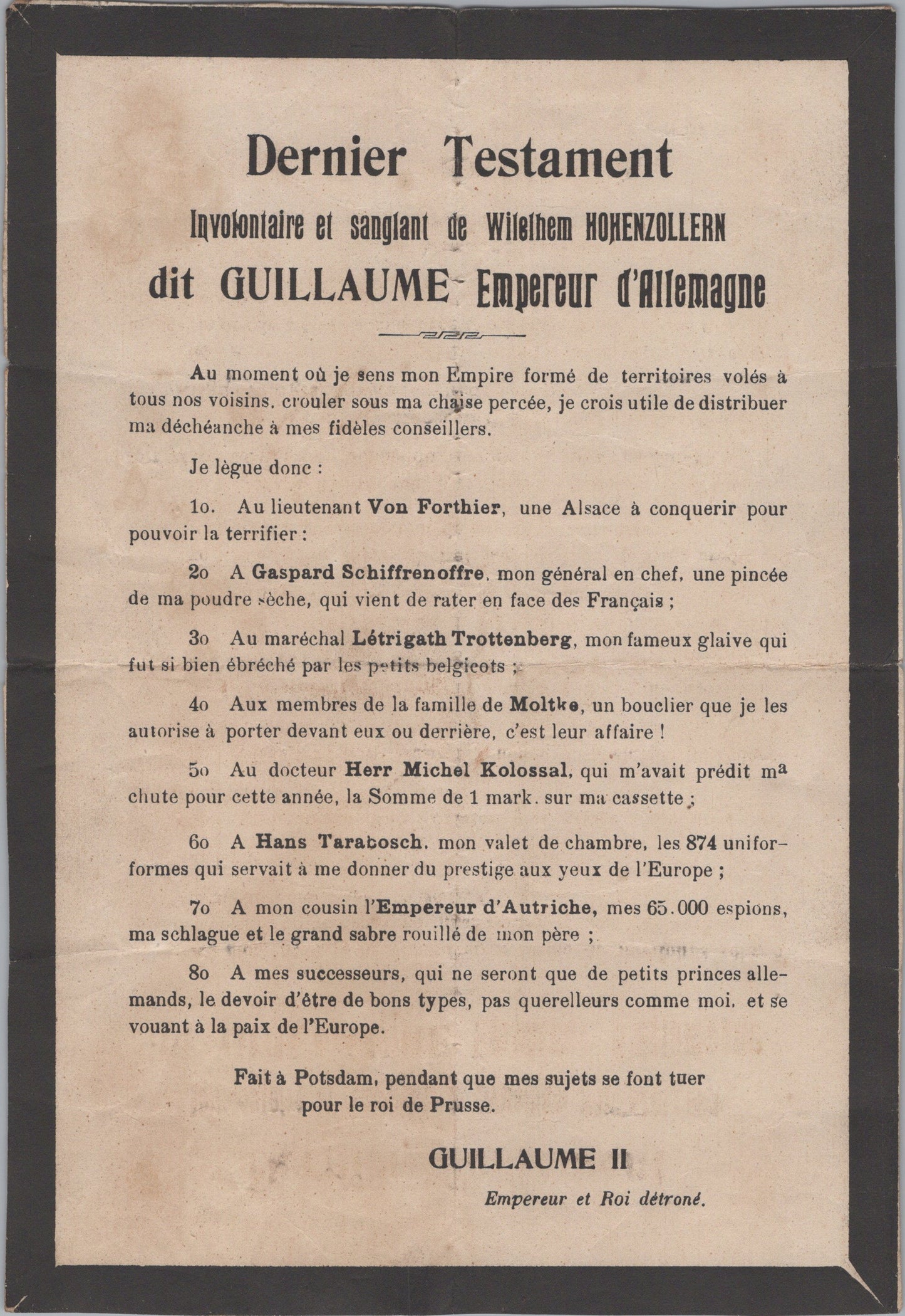 tract caricatural français dernier testament de Guillaume II empereur d'Allemagne 1914-18