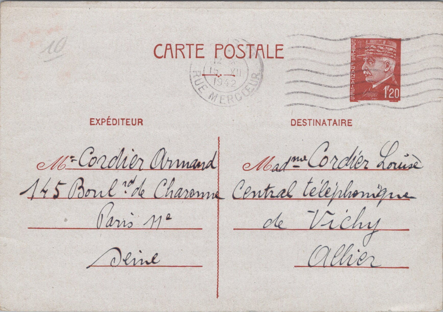 4 cartes de correspondance Pétain pour une femme du central téléphonique de Vichy 1942