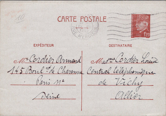 4 cartes de correspondance Pétain pour une femme du central téléphonique de Vichy 1942