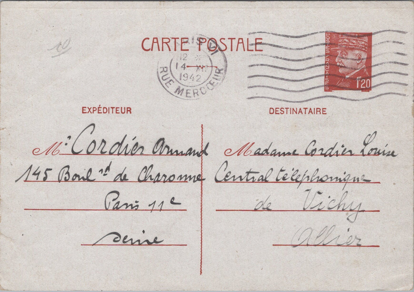 4 cartes de correspondance Pétain pour une femme du central téléphonique de Vichy 1942