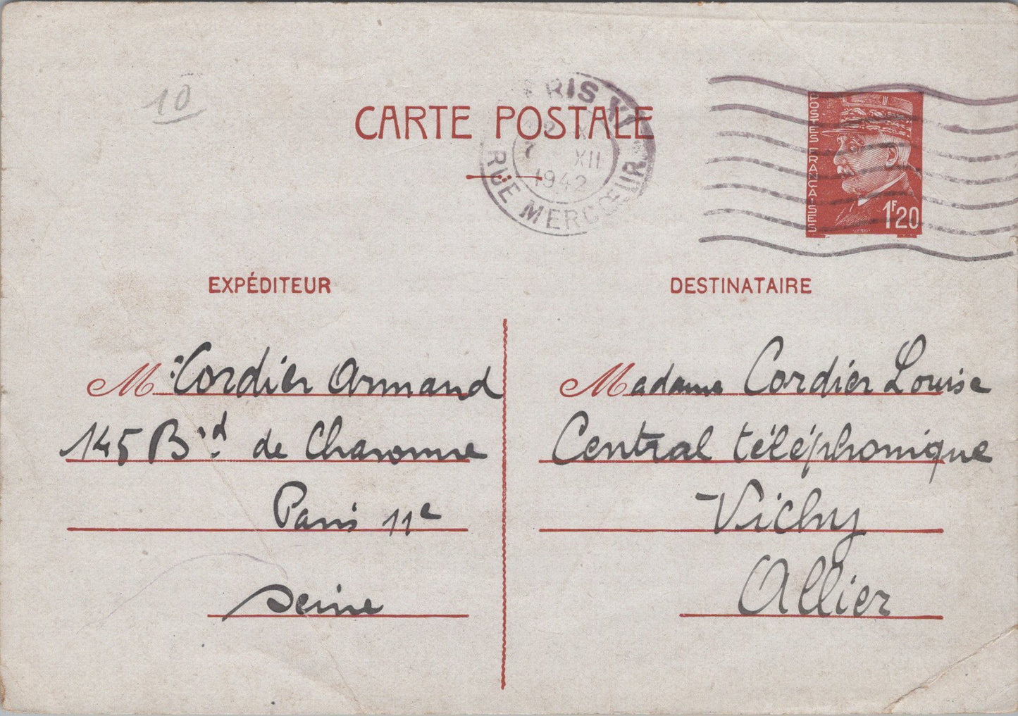4 cartes de correspondance Pétain pour une femme du central téléphonique de Vichy 1942