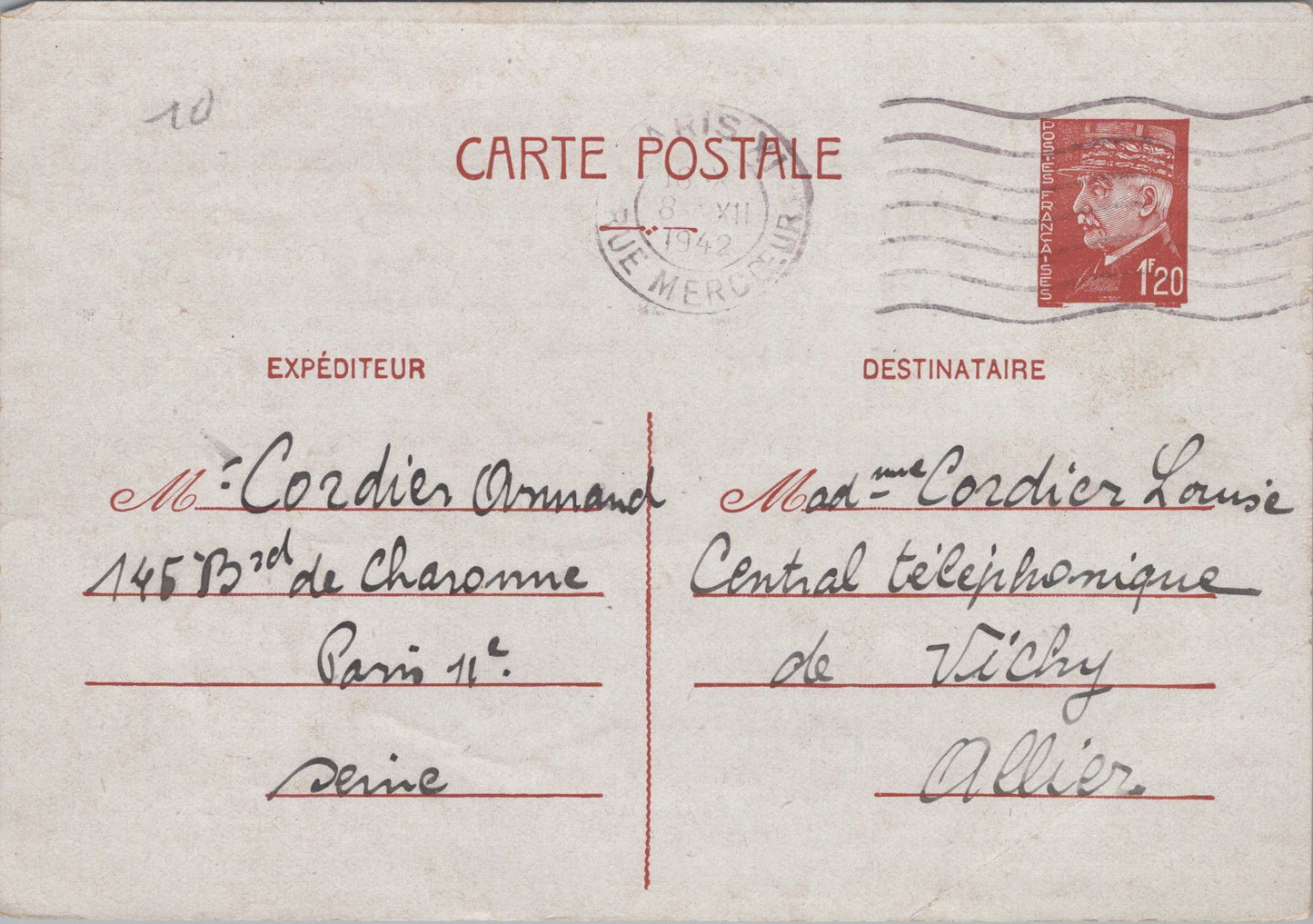 4 cartes de correspondance Pétain pour une femme du central téléphonique de Vichy 1942