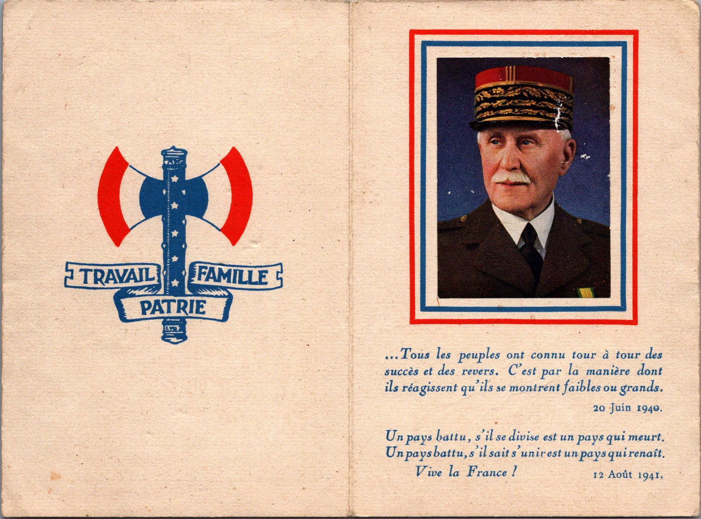 calendrier de poche 1942 Etat Français avec le Maréchal Pétain