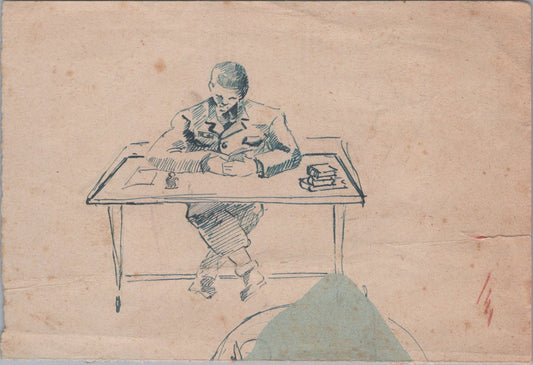 dessin d'un jeune des chantiers de jeunesse sur son bureau dessiné sur calendrier 1943