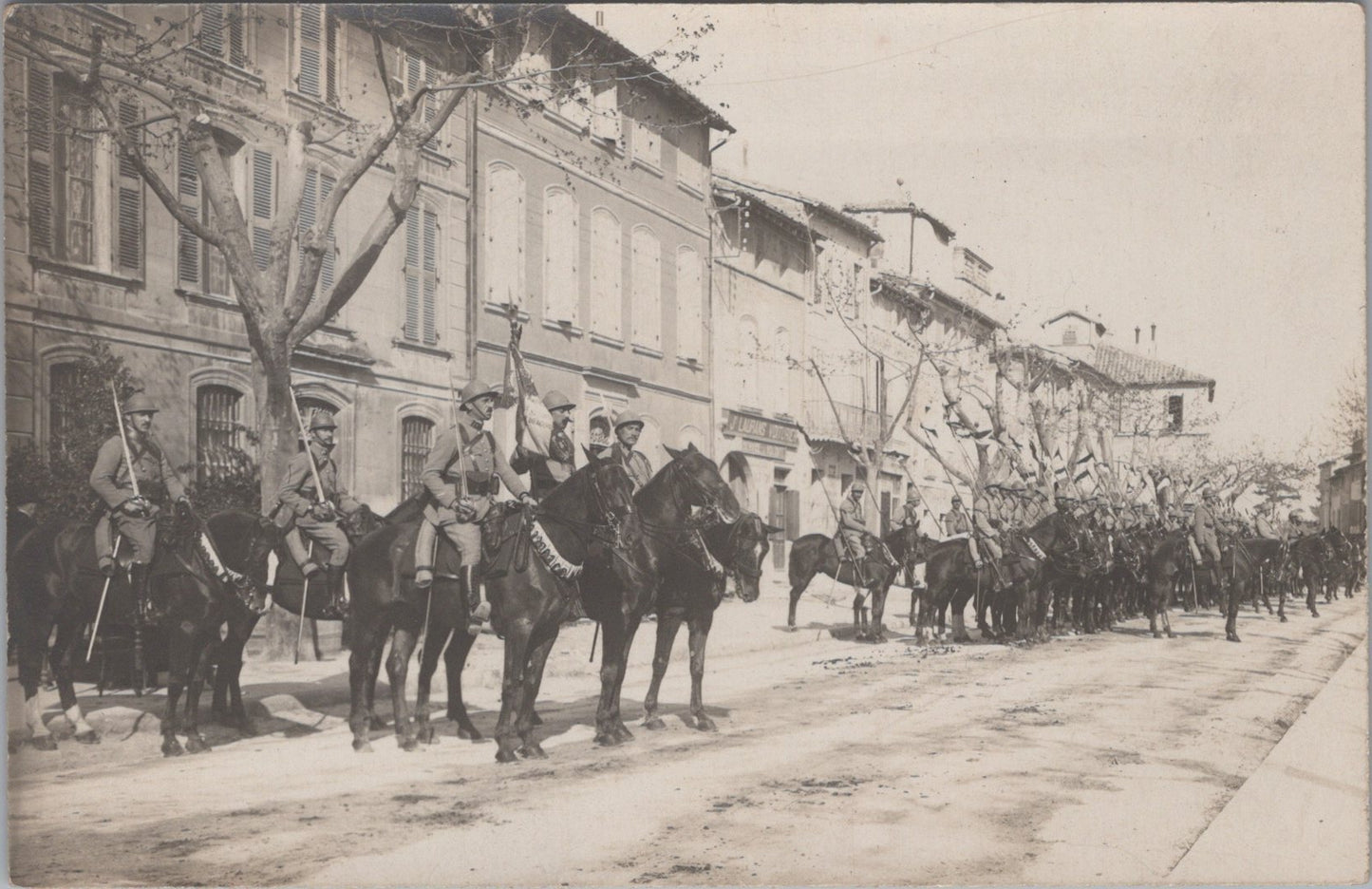 carte photo prise d'armes avec l'étendard du 8° régiment de dragons 1914-1918