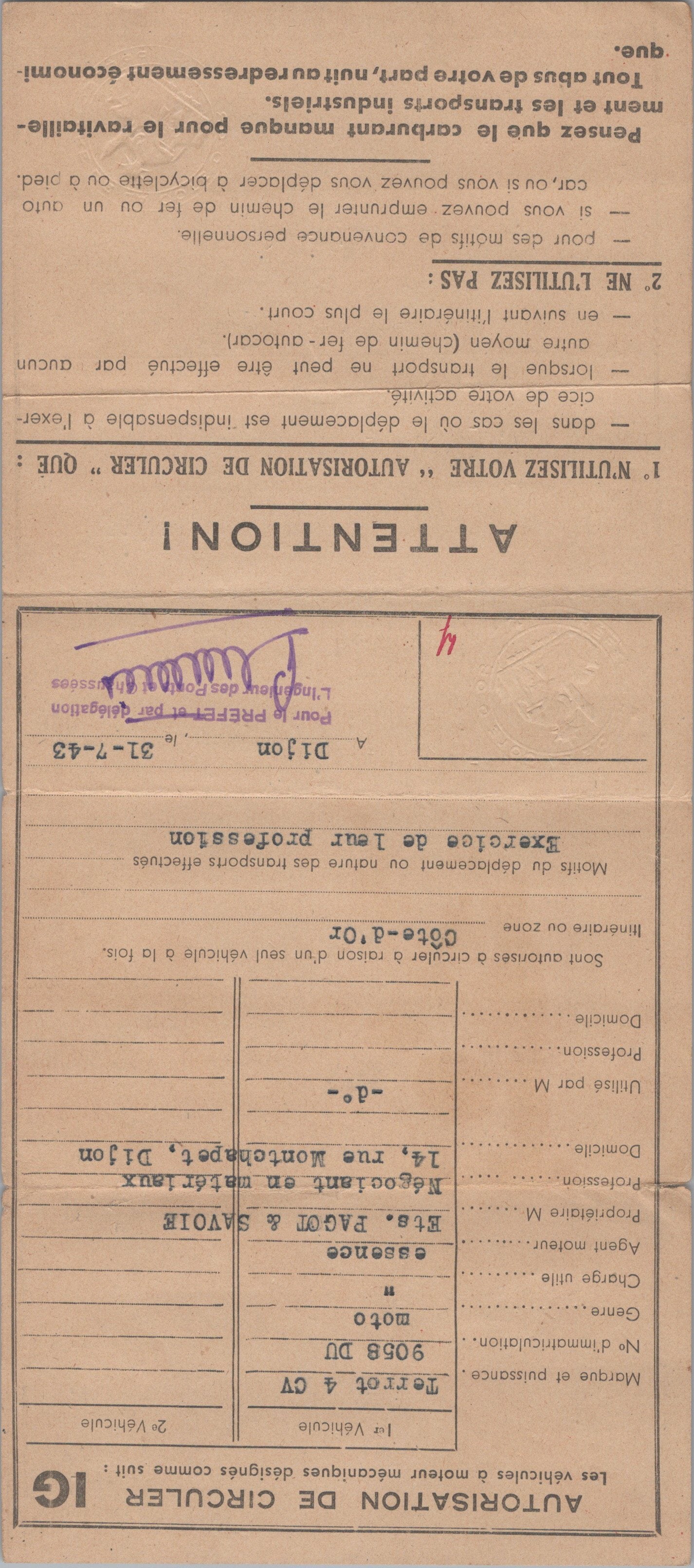 autorisation de circuler pour véhicule occupation Dijon 1943