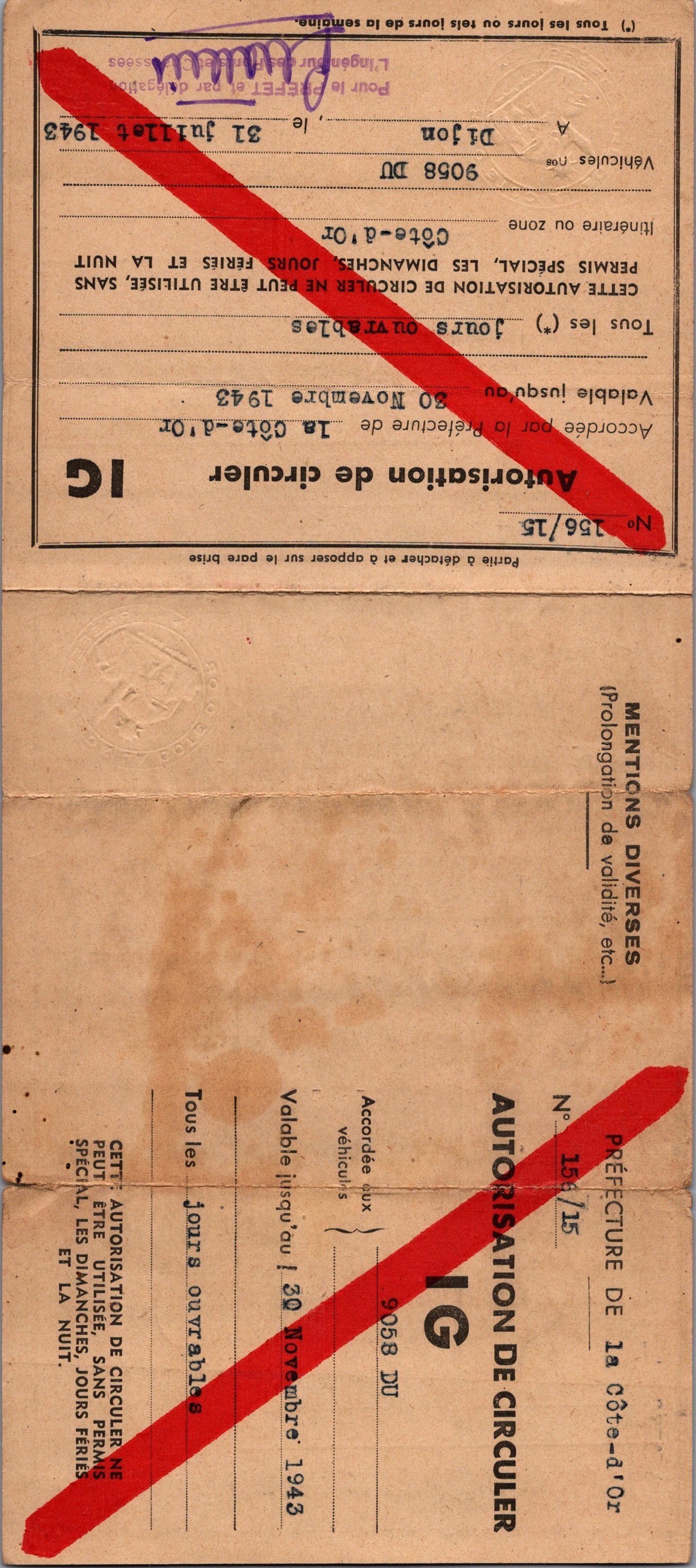 autorisation de circuler pour véhicule occupation Dijon 1943