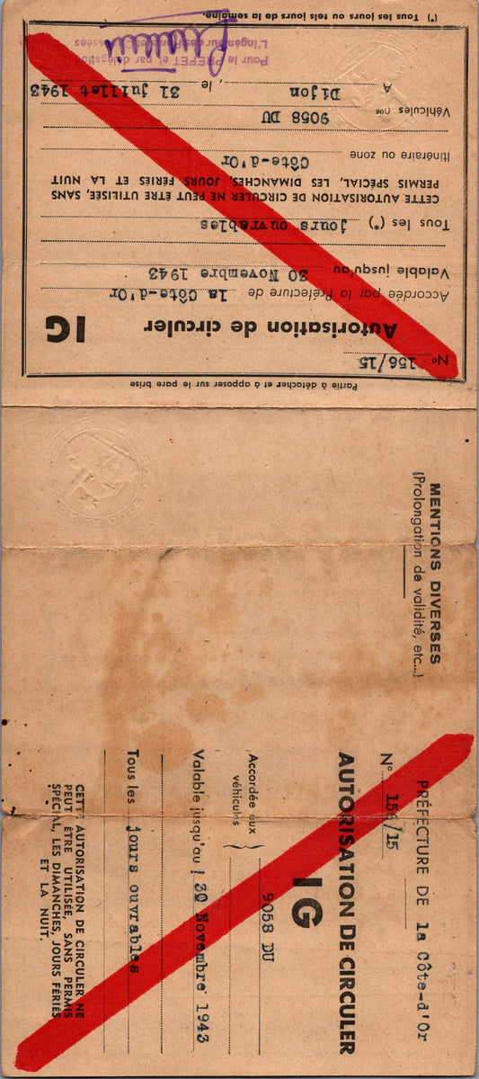 autorisation de circuler pour véhicule occupation Dijon 1943