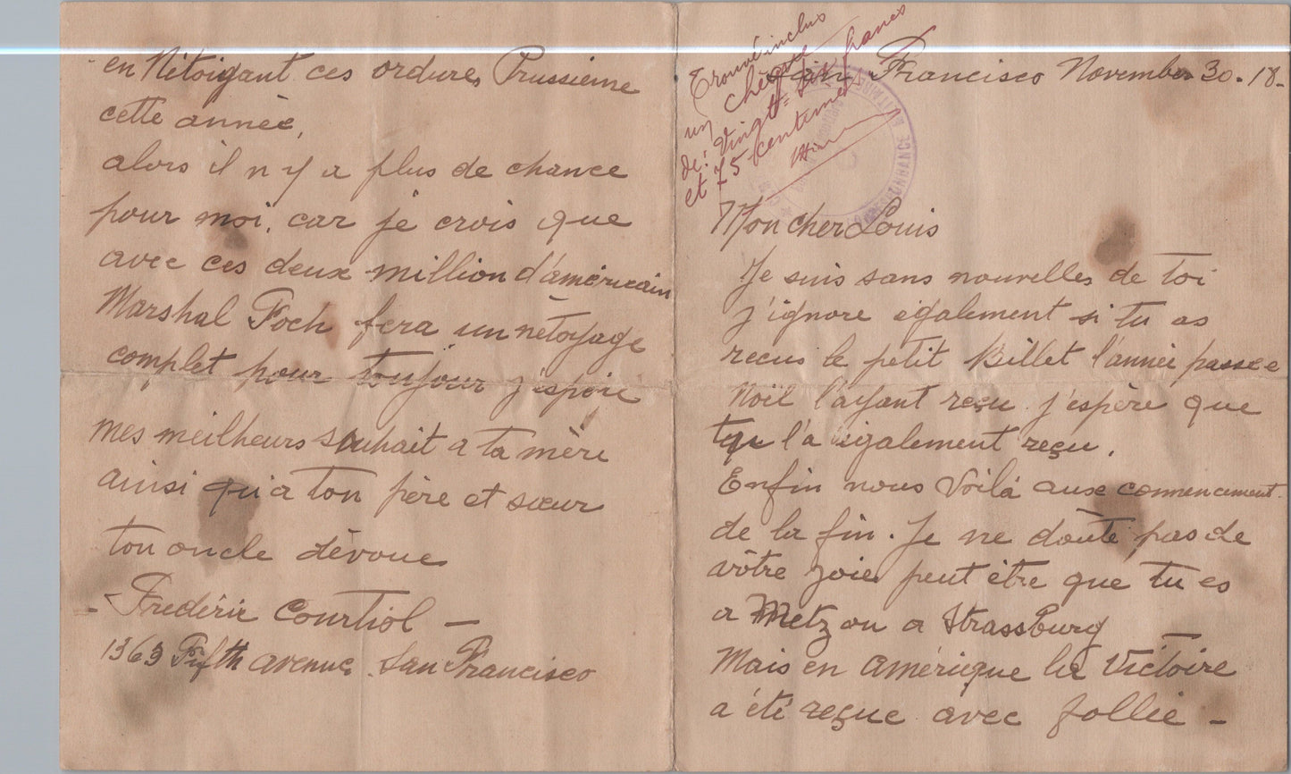 courrier d'un français installé à San Francisco demande de nouvelles novembre 1918