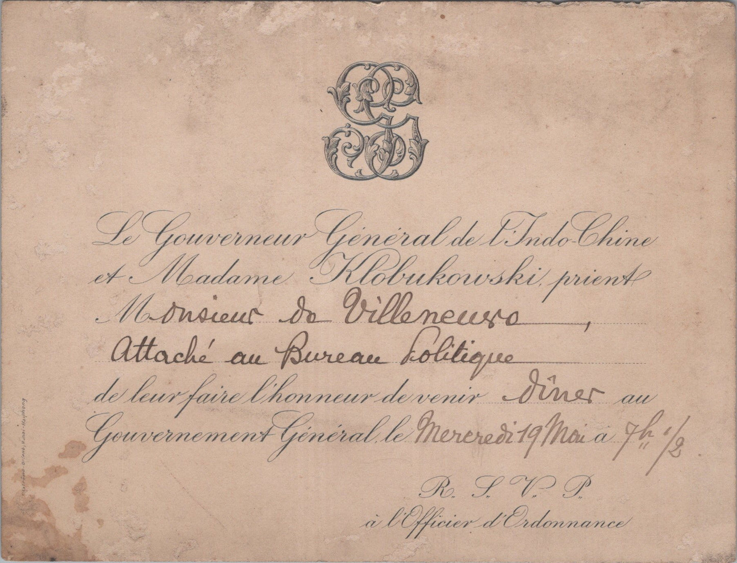 carte d'invitation pour un diner gouverneur general de l'Indochine vers 1900