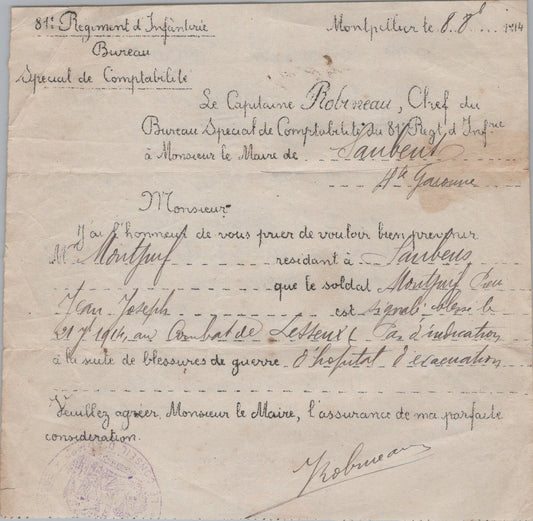 document pour prévenir la famille de la blessure à Lesseux (Vosges) d'un soldat du 81°RI de Montpellier septembre 1914