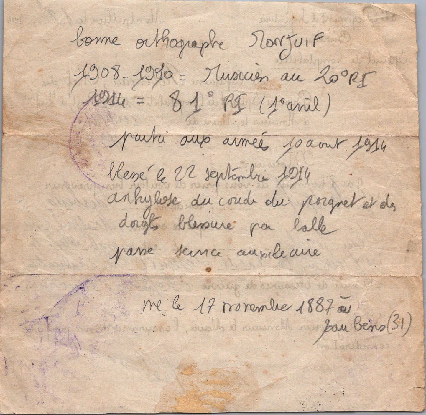 document pour prévenir la famille de la blessure à Lesseux (Vosges) d'un soldat du 81°RI de Montpellier septembre 1914