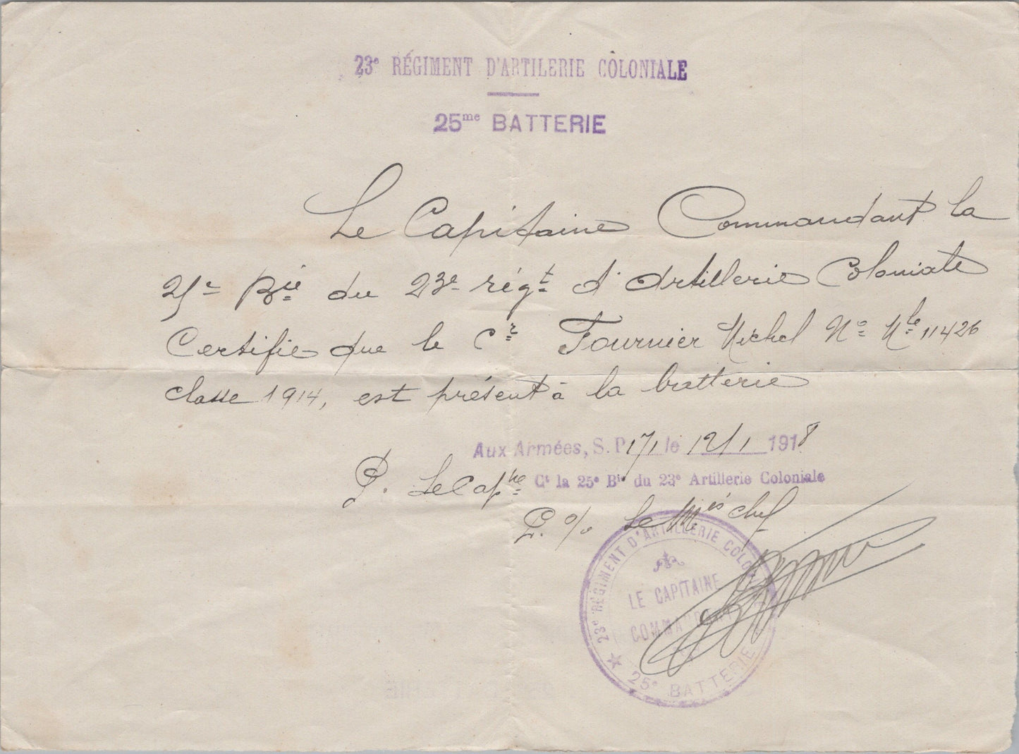 attestation de présence à la batterie d'un artilleur du 23° régiment d'artillerie coloniale 1918