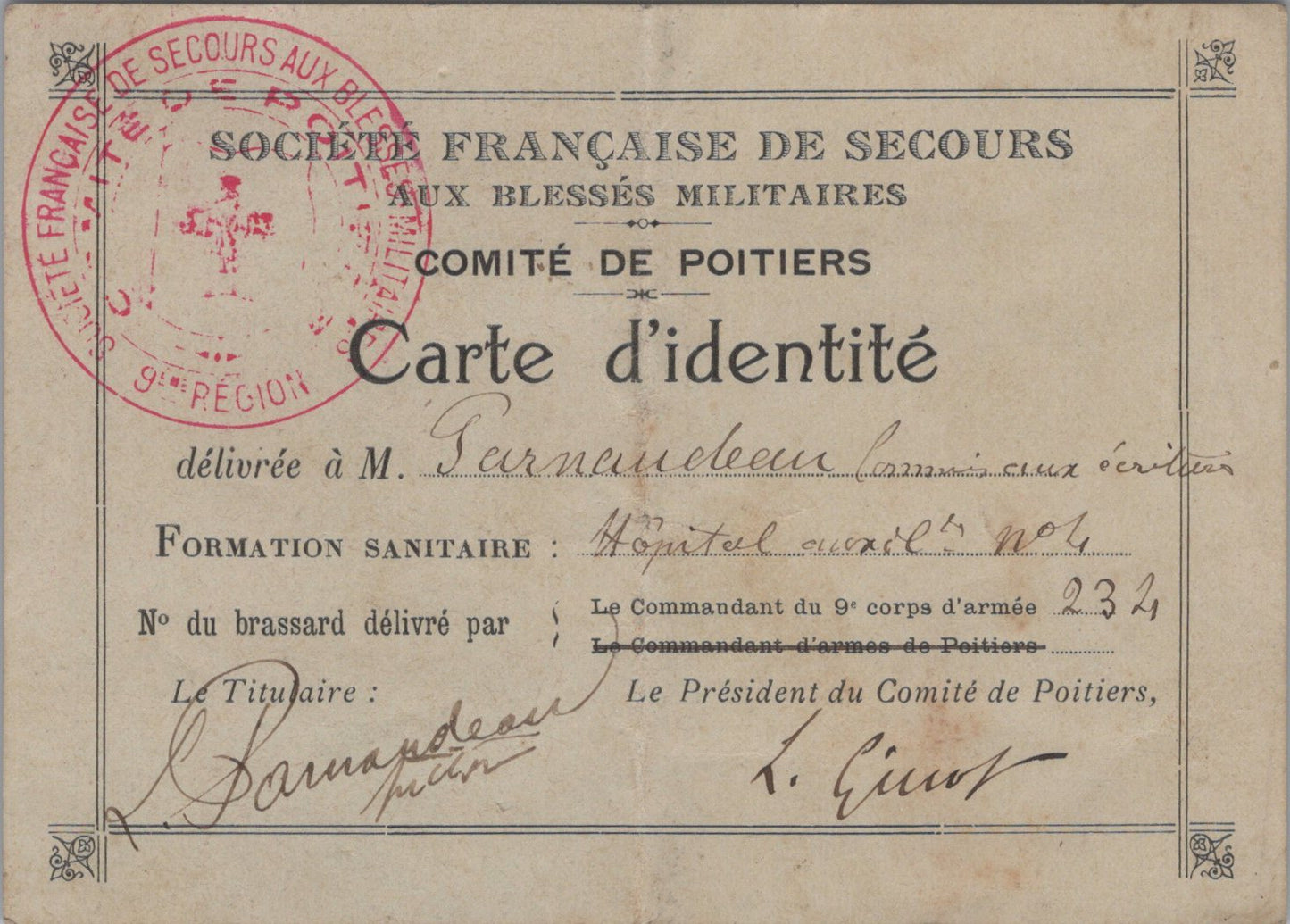 carte d'identité d'un membre de la SSBM croix rouge 14-18 Hôpital de Poitiers
