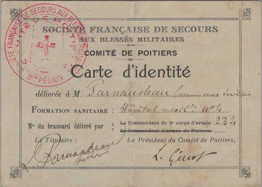 carte d'identité d'un membre de la SSBM croix rouge 14-18 Hôpital de Poitiers