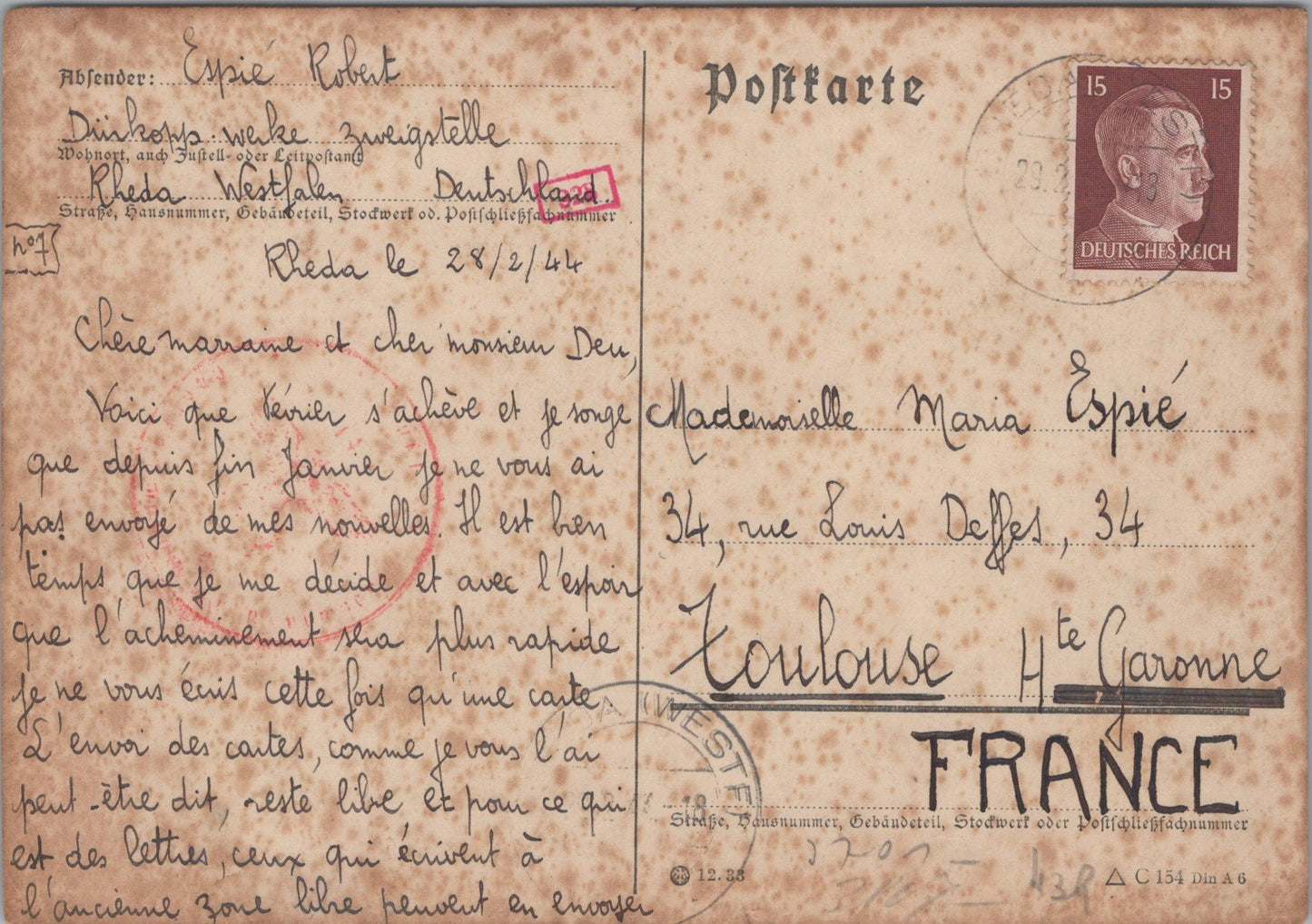 ensemble de courriers et documents pour un requis du STO de Toulouse 1939-45