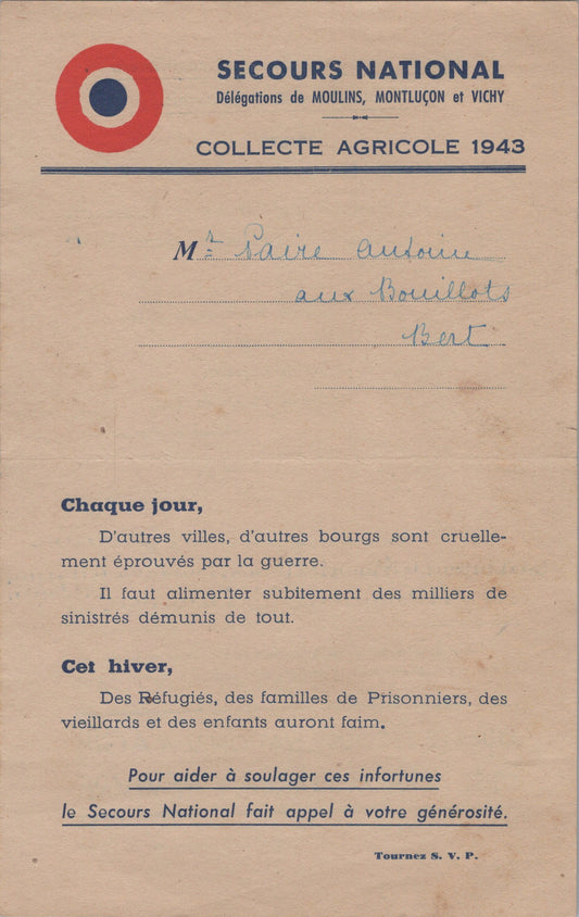 document secours National collecte agricole 1943 Vichy 1