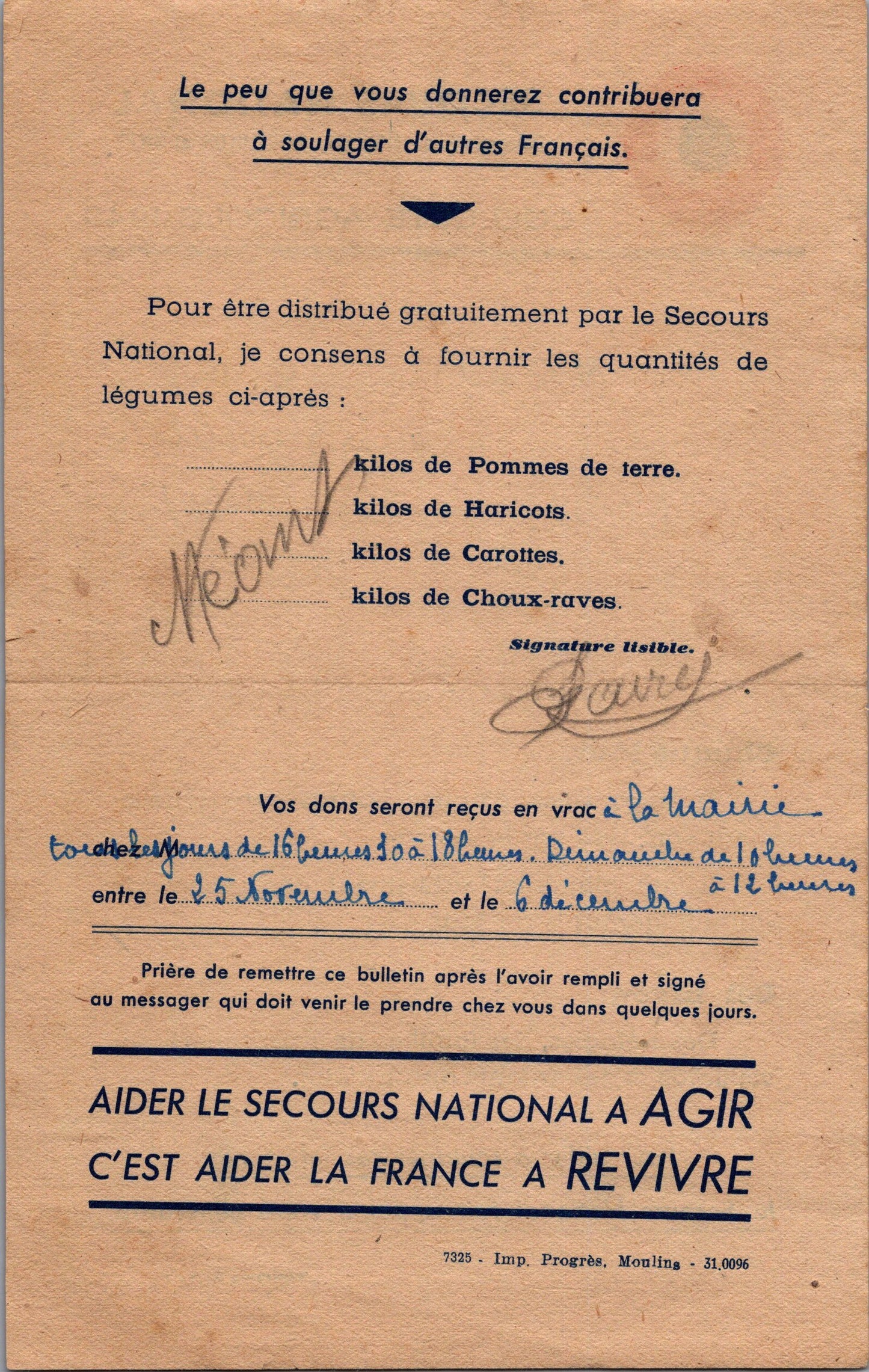 document secours National collecte agricole 1943 Vichy 1
