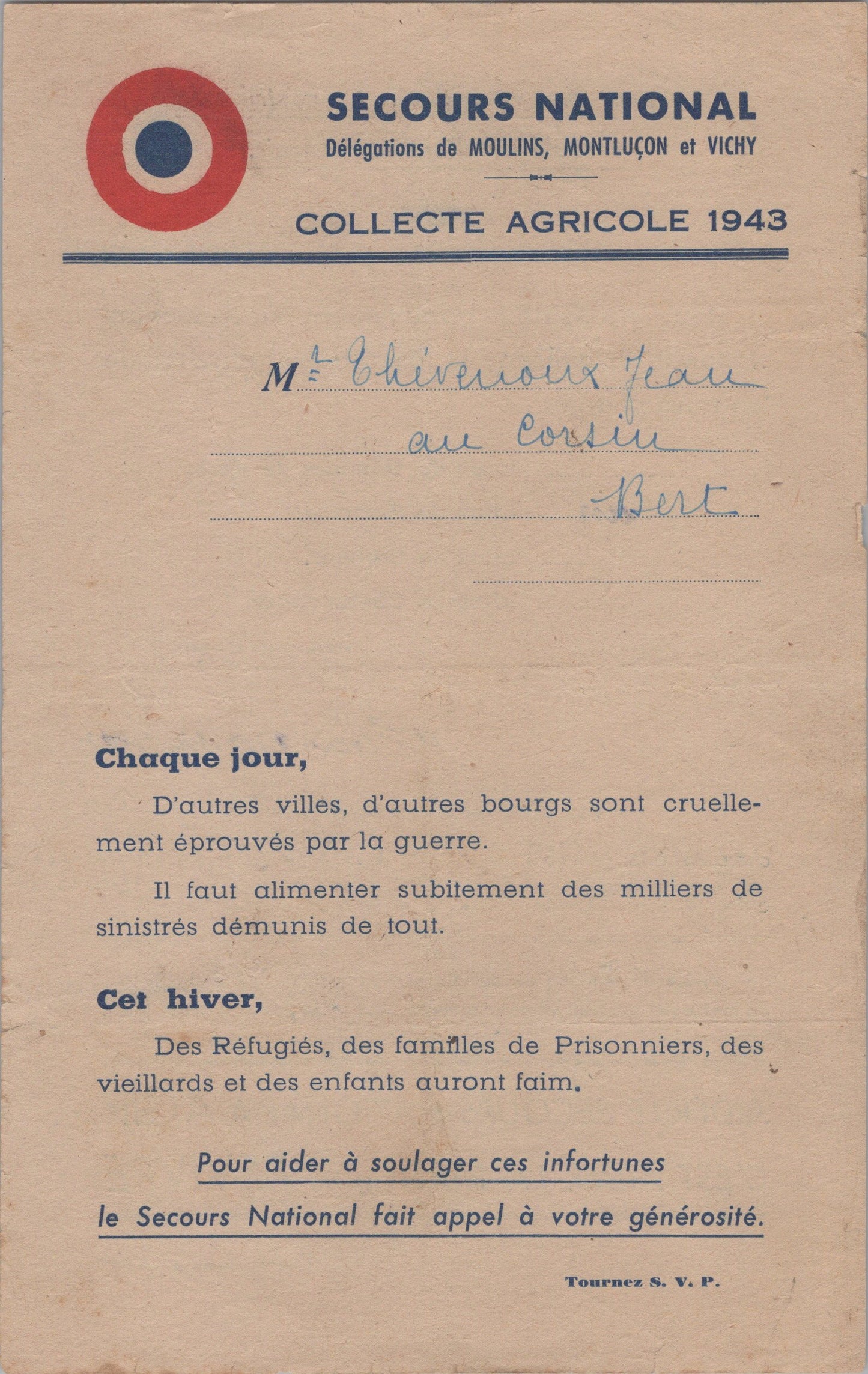 document secours National collecte agricole 1943 Vichy 2