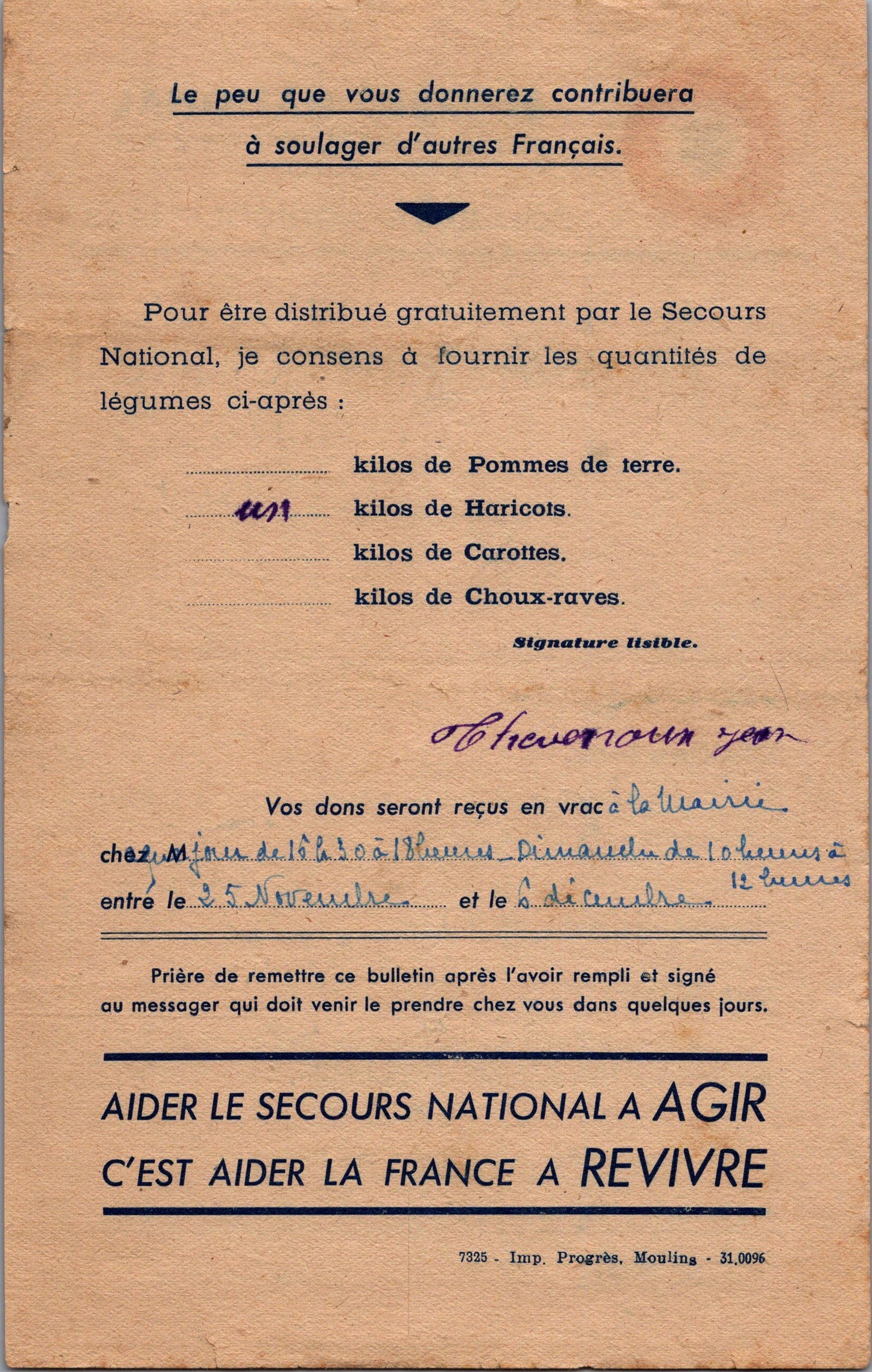 document secours National collecte agricole 1943 Vichy 2
