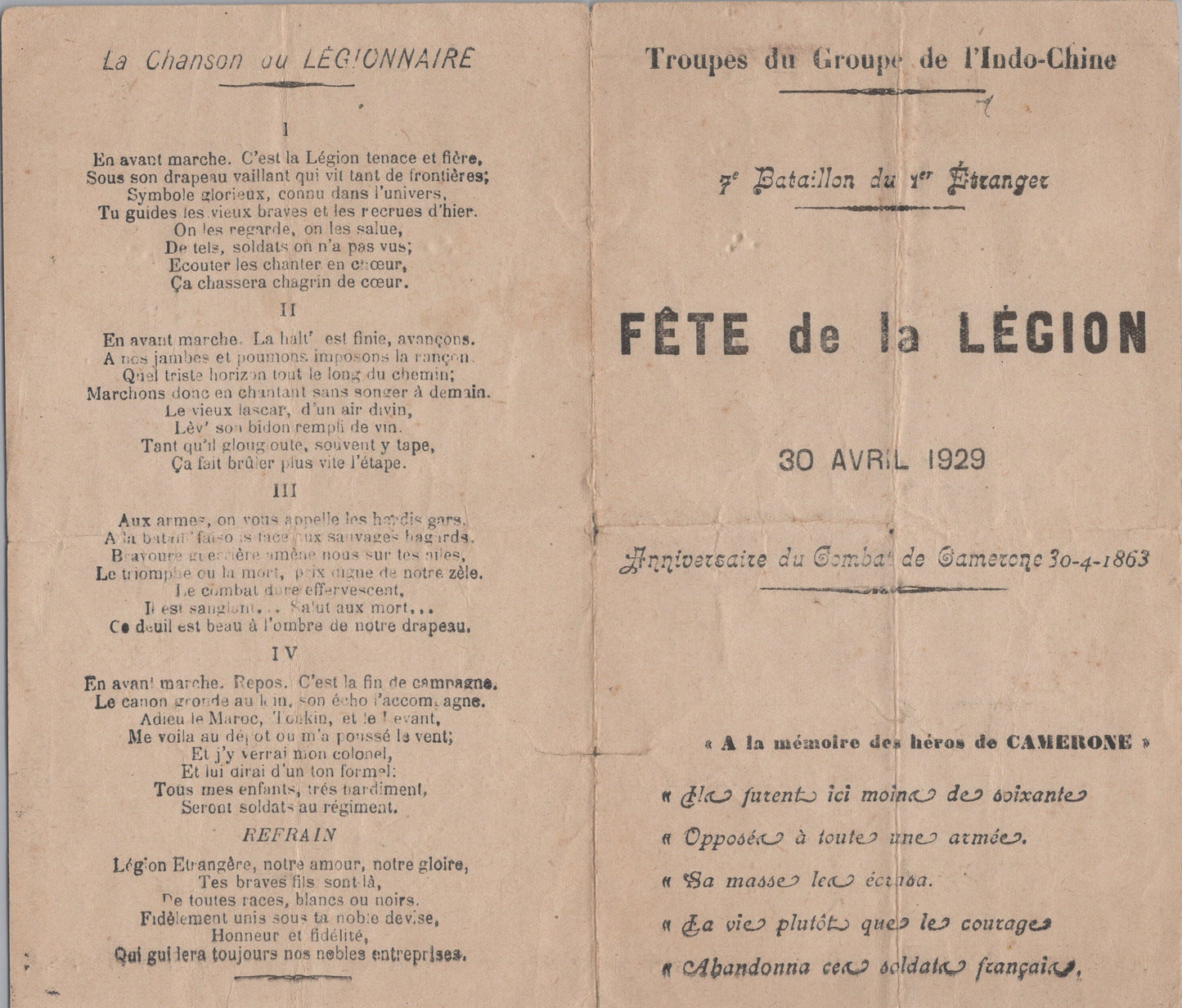 programme fetes de la Légion Etrangère Camerone 1929 1er Etranger Indochine