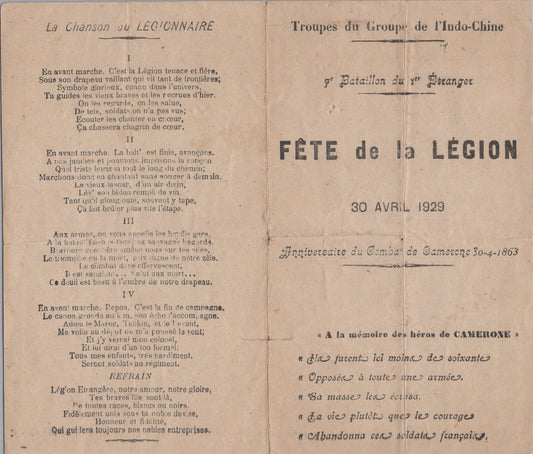 programme fetes de la Légion Etrangère Camerone 1929 1er Etranger Indochine