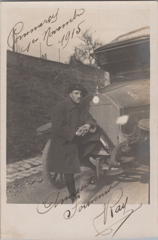 carte photo d'un conducteur devant son camion 8 au beret Commercy 1915