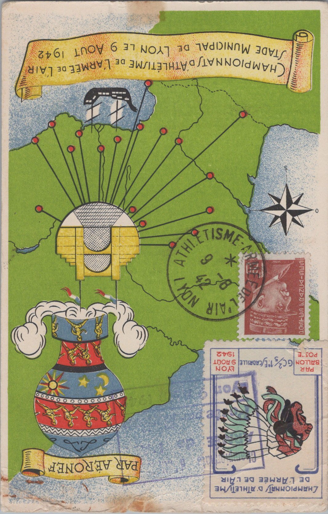 carte postale championnat d'athlétisme armée de l'air Lyon 1942, timbre avec insigne de l'escadrille Lafayette