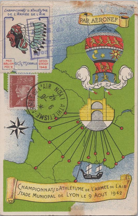 carte postale championnat d'athlétisme armée de l'air Lyon 1942, timbre avec insigne de l'escadrille Lafayette