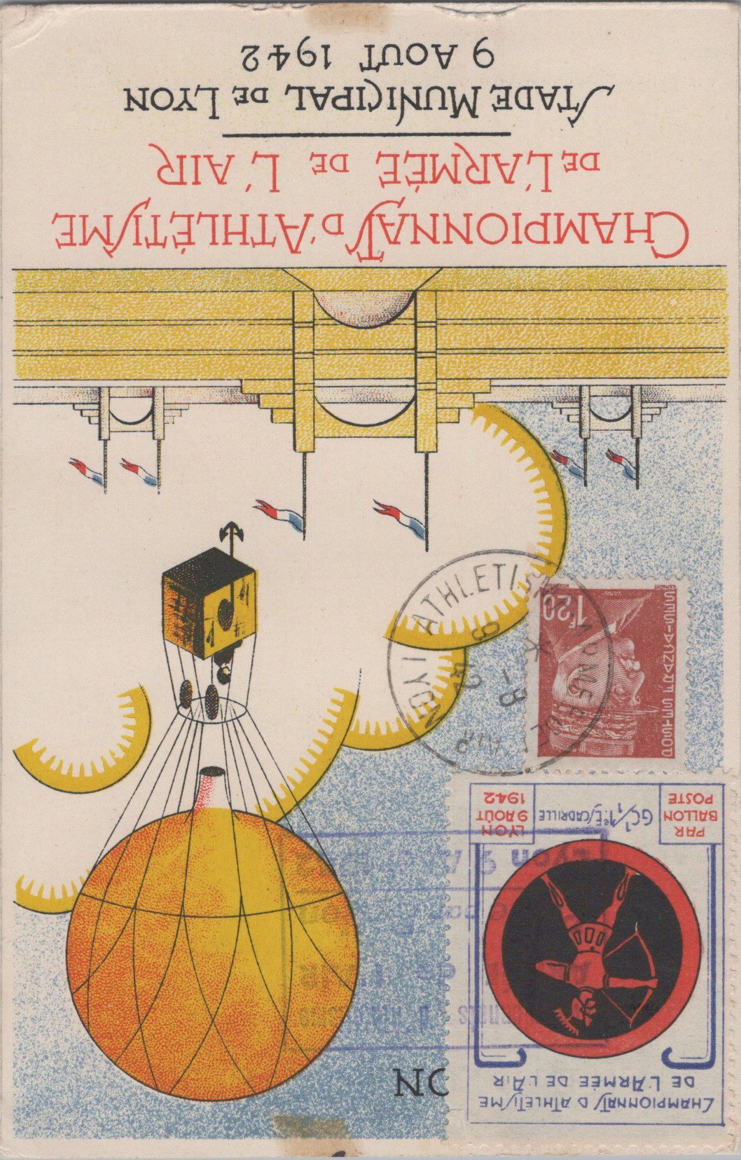 carte postale championnat d'athlétisme armée de l'air Lyon 1942, timbre avec insigne de l'escadrille GC1/1