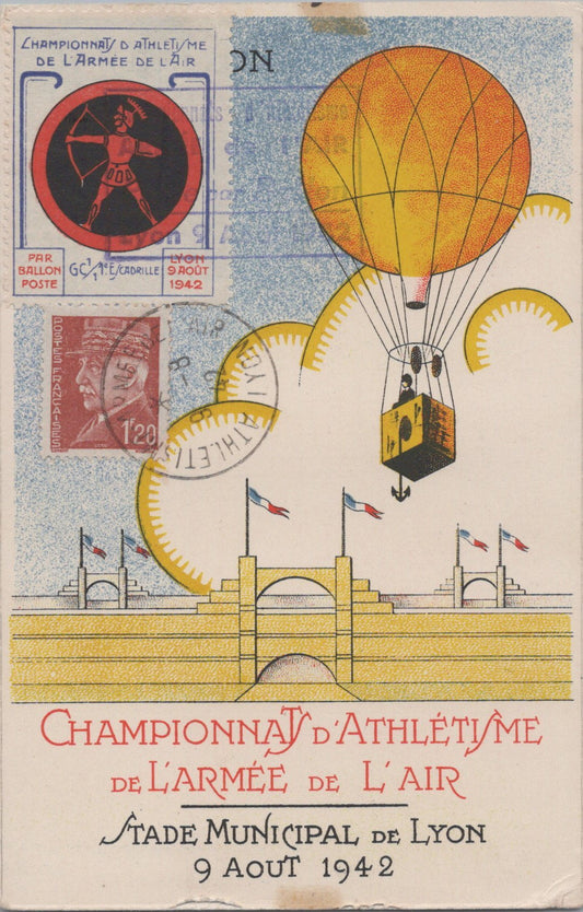carte postale championnat d'athlétisme armée de l'air Lyon 1942, timbre avec insigne de l'escadrille GC1/1