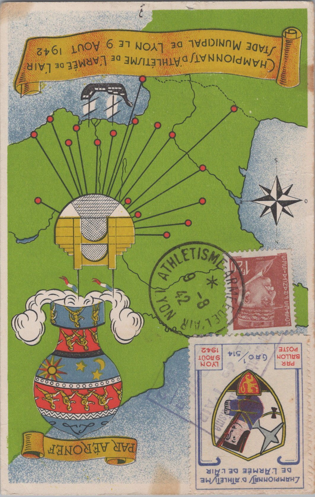carte postale championnat d'athlétisme armée de l'air Lyon 1942, timbre avec insigne de l'escadrille GAO 1/514