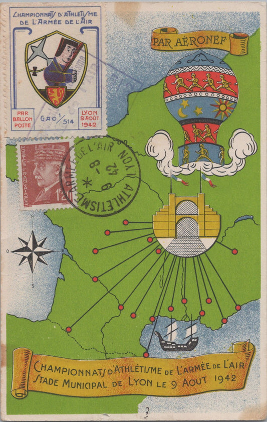 carte postale championnat d'athlétisme armée de l'air Lyon 1942, timbre avec insigne de l'escadrille GAO 1/514